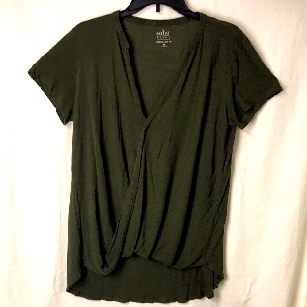 SOHO Jeans Women’s Manhattan Tee L Army Green Wrap Front Drapes Single Closure